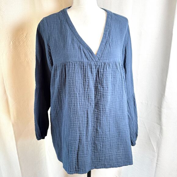 Soft Surroundings Cotton Gauze Peasant Blouse Sz L Blue Boho Tunic Top EUC - Picture 1 of 8